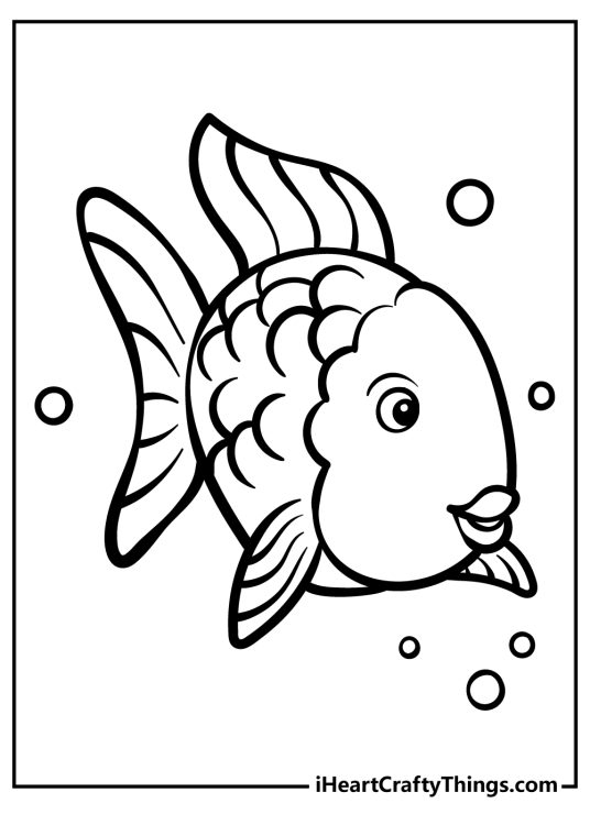 Coloring picture of a cute cartoon-style fish covered with some scales surrounded by water bubbles