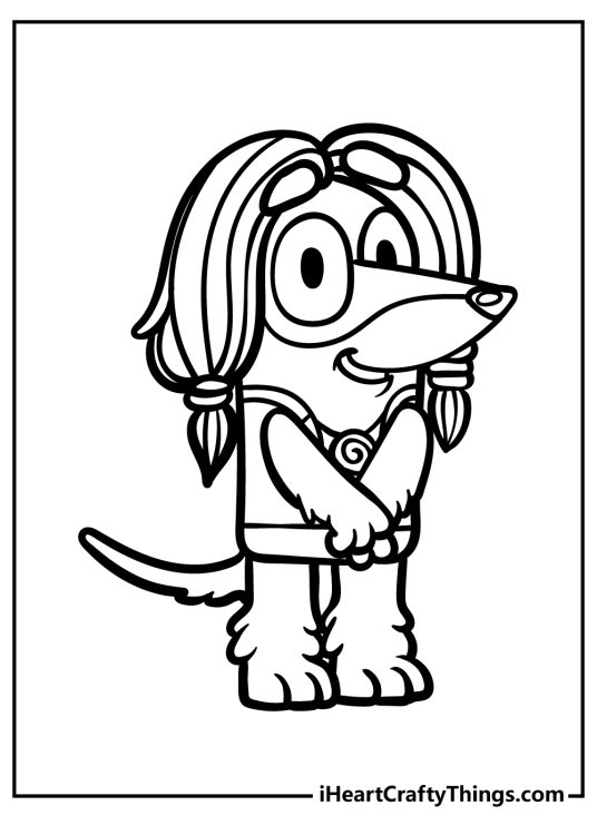 Bluey-themed coloring page for children featuring lovable character Indy with blank background