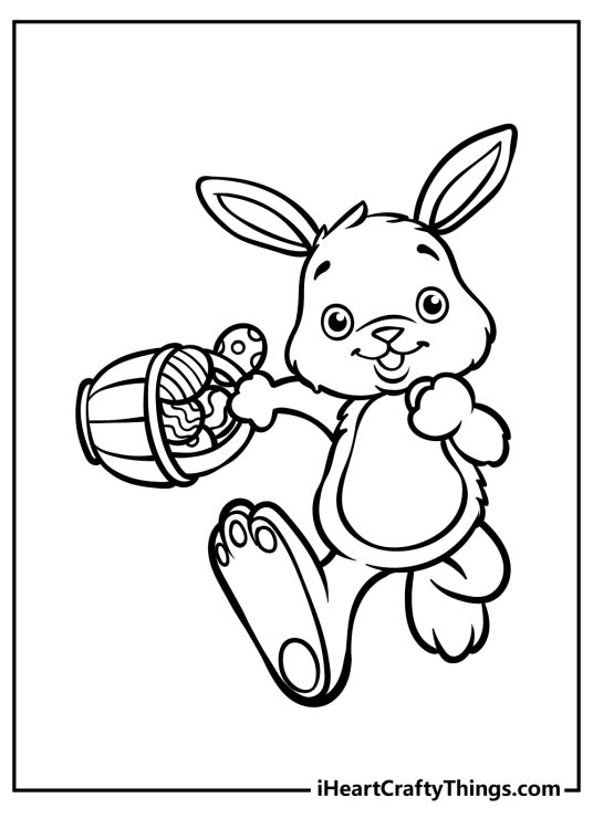 Printable coloring image featuring Easter Bunny on the move with a basket full of Easter eggs