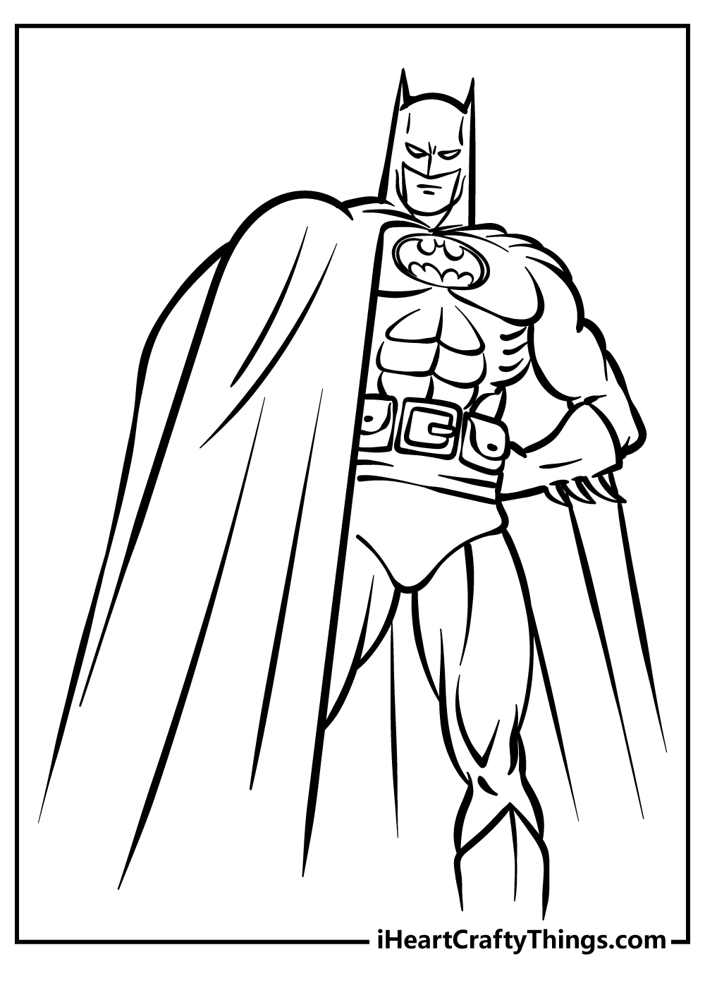 Free printable pdf depicting Superheroe Batman standing tall looking very noble and heroic