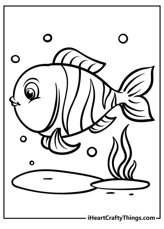 Coloring picture presenting cute stripy fish surrounded by water bubbles, rocks and water plants