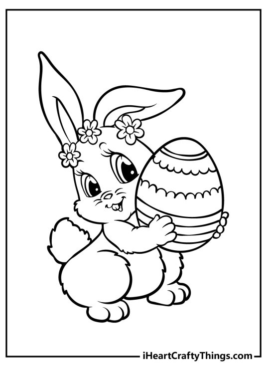Page to color of an Easter Bunny wearing flowers on its head presenting a pretty egg