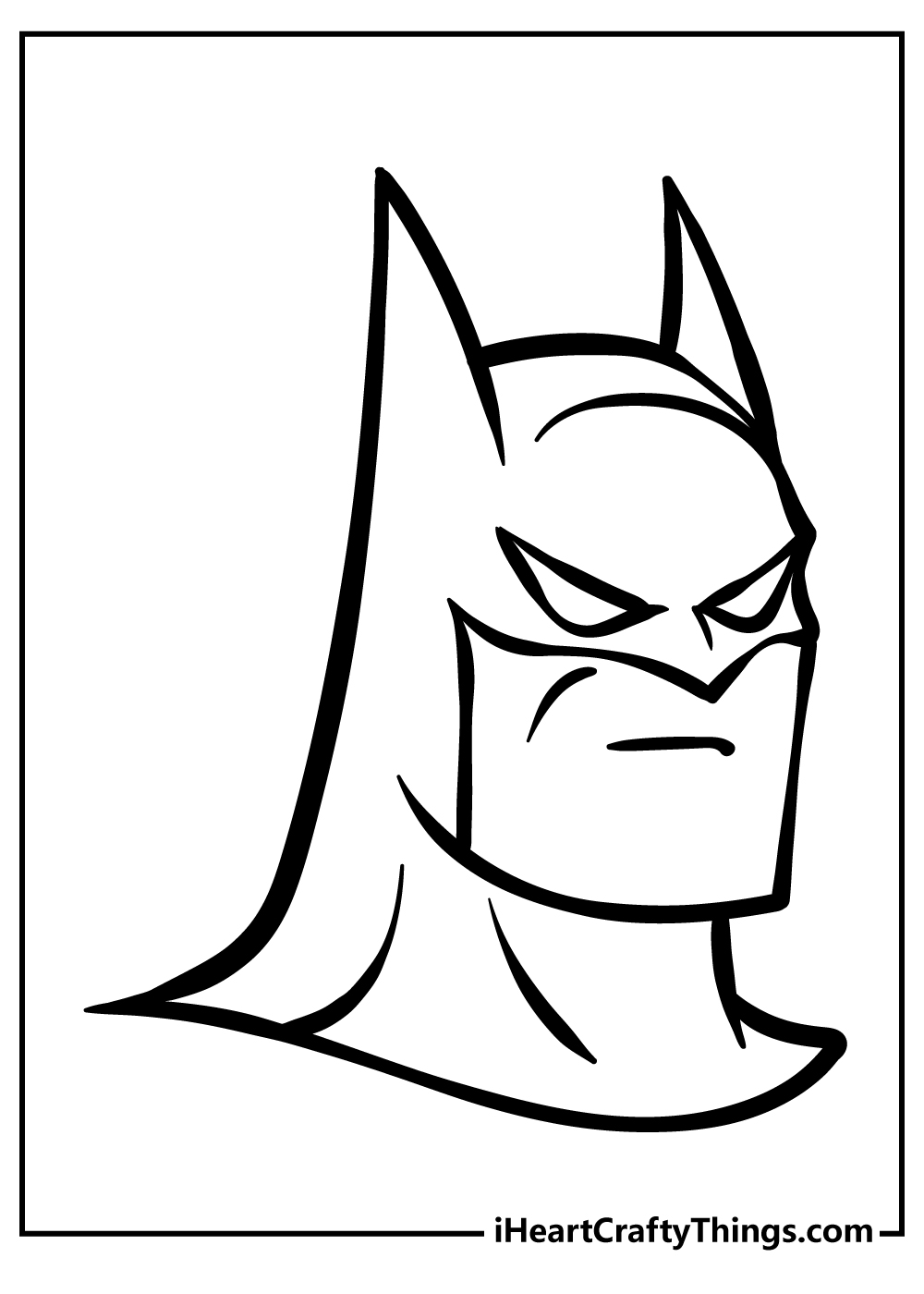 Page to print and color featuring close-up of a Superheroe Batman head with blank background