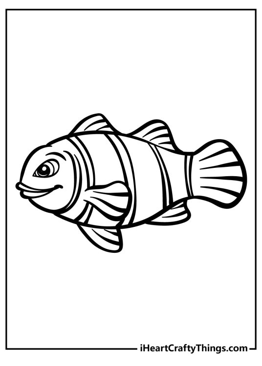 Free coloring drawing for kids of a little stripy fish with smiling facial expression and blank background