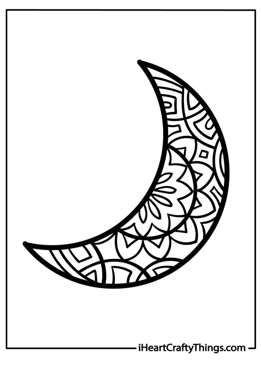 Detailed coloring page featuring abstract crescent moon made up of several geometric shapes and lines