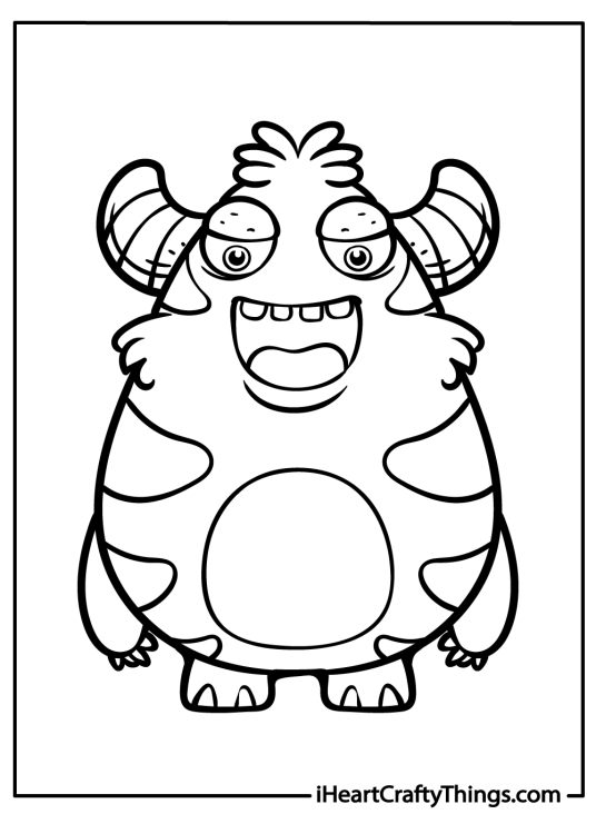 Alien-themed coloring sheet featuring a monster with round body, two horns and two eyes sticking out his tongue