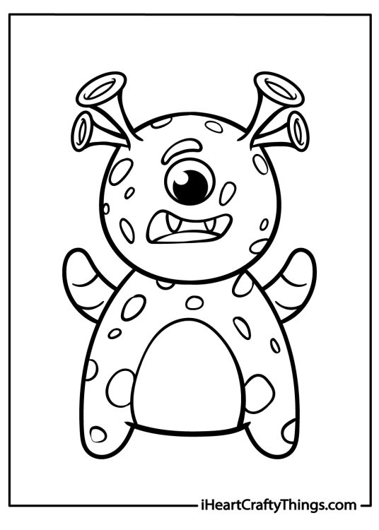 Coloring page featuring an alien with one eye in the centre of round oval-shaped head and body covered in spots