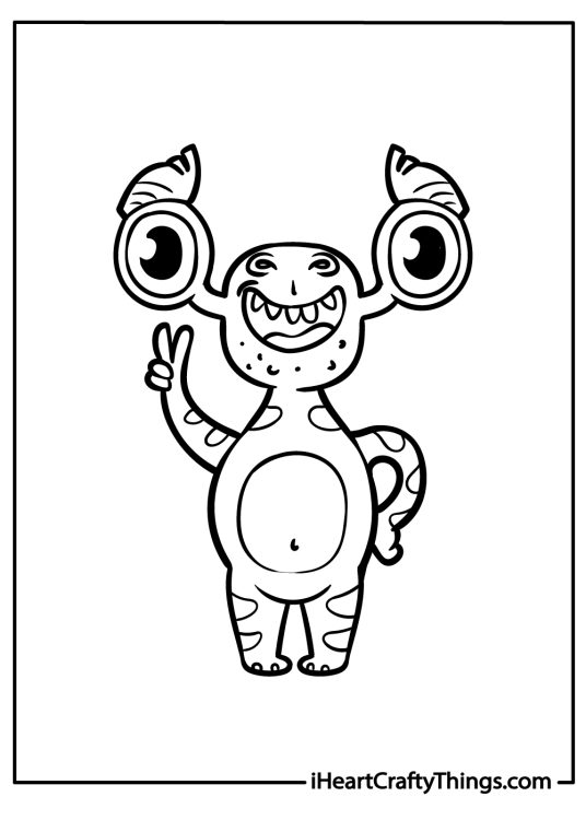 Printable pdf of a friendly alien with big eyes located in two horns making a peace sign with his right hand