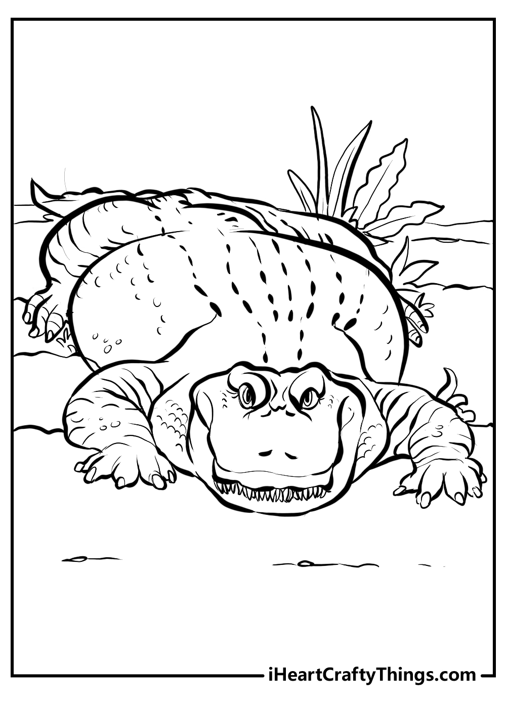 Free printable sheet featuring realistic alligator laying facing forward with a big toothy grin