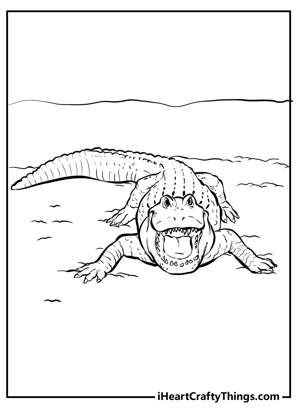 Free coloring pdf of an alligator with sharp teeth, long scaly body, curved tail laying on a pathway