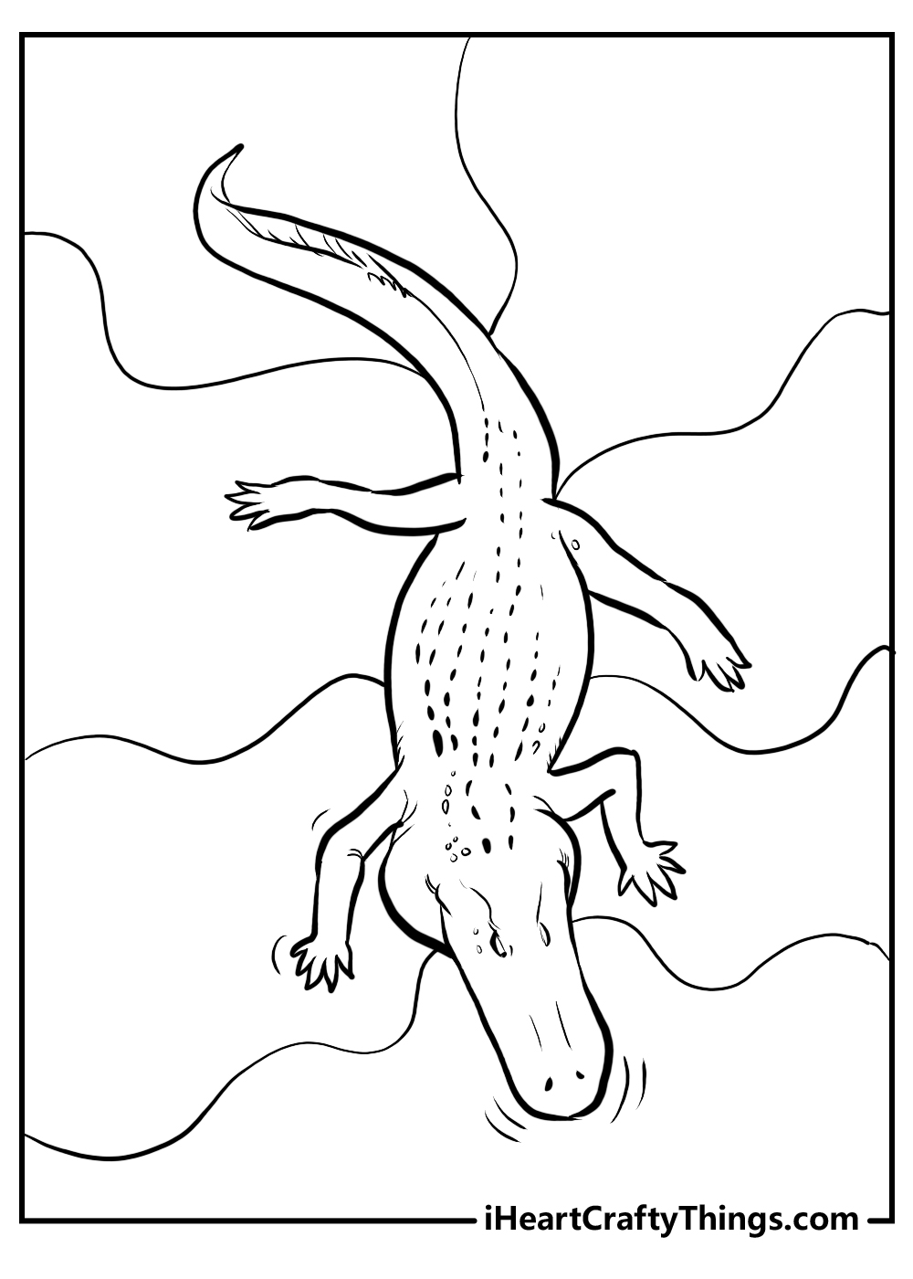 Detailed printable page to color of an alligator swimming in a water view from the above