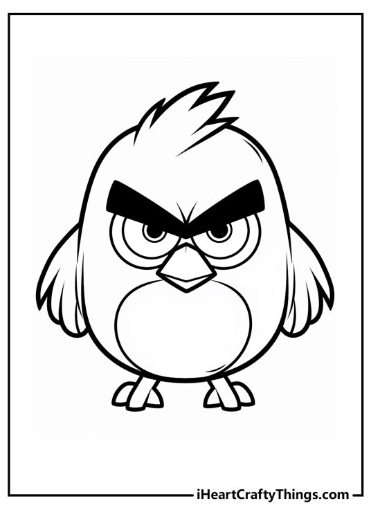 Printable page featuring Angry bird with round, chubby body and small wings ready to burst with anger