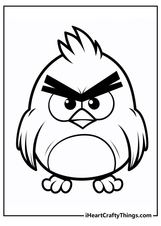 Angry Birds printable page of a bird with a grumpy angry face, puckered brows and hair ruffled to the side