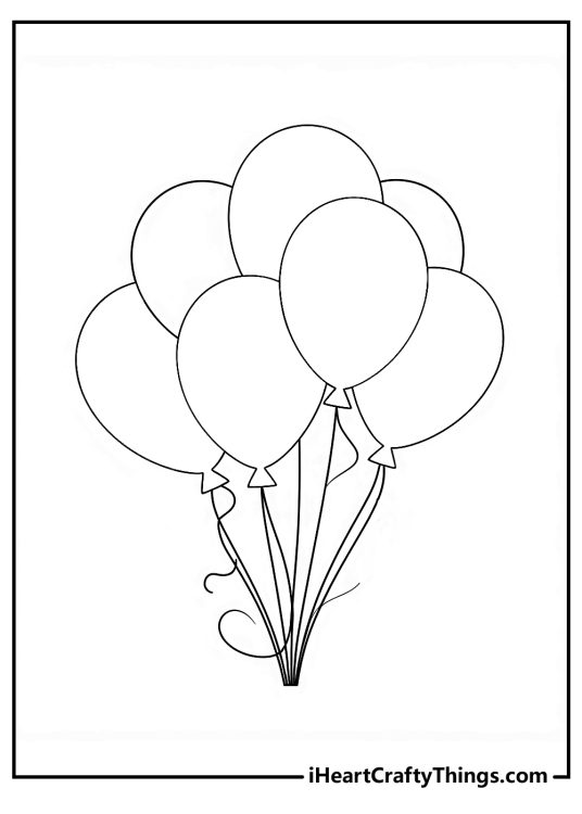 Image featuring seven big round balloons with curly strings bundled together like a pretty bouquet