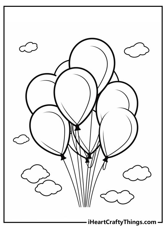 Free coloring picture for children featuring a bunch of balloons floating high in a cloudy sky