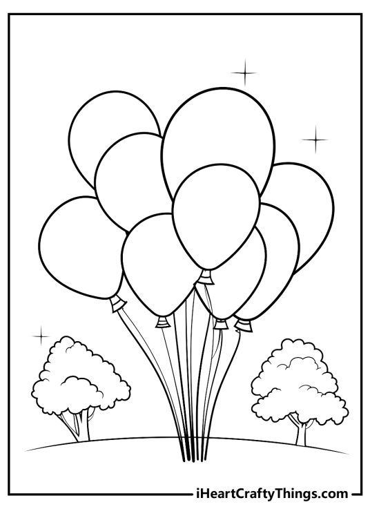 Coloring picture for kids capturing a bunch of nine balloons floating over the trees