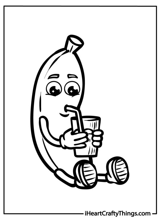 banana-themed image depicting cartoony banana sitting and drinking from a glass with a straw