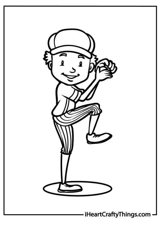 Baseball printable coloring page featuring player on a pitchers mound in a throwing stance