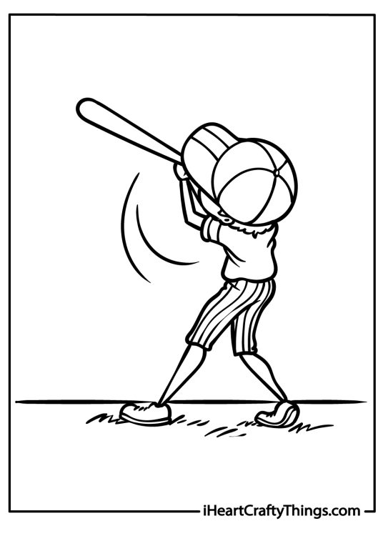Baseball coloring printable showing a happy kid wearing a casual outfit enjoying his game outdoors