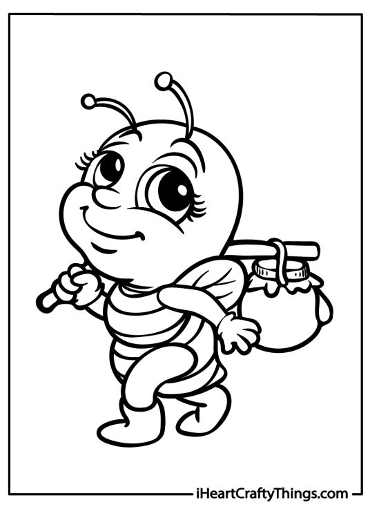 Coloring page for pre-schoolers featuring young bee carrying a honey pot with a stick over its shoulder