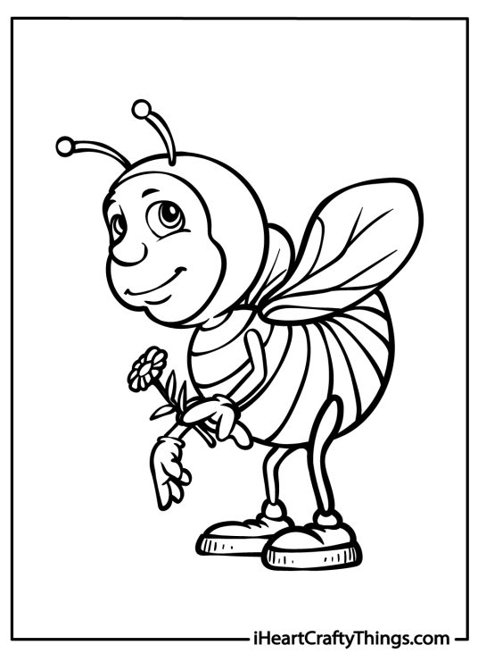 Detailed coloring page depicting cartoony bee with shoes holding a flower in the hand
