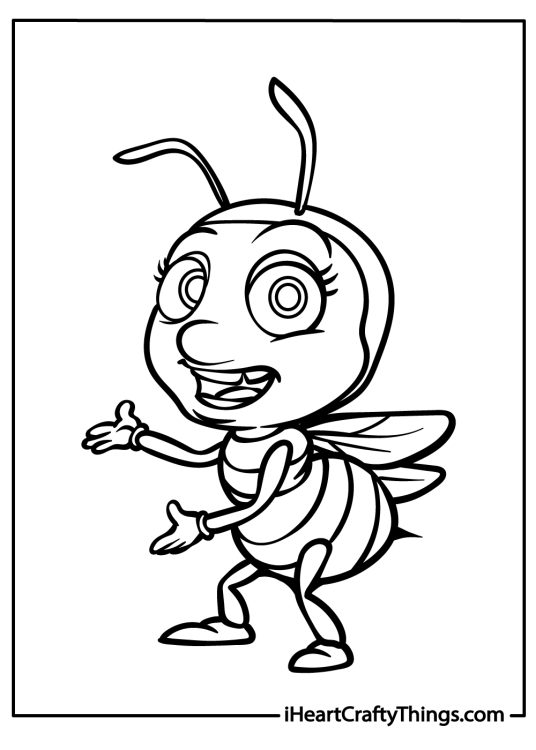 Free black-and-white drawing of a cheerful cartoony bee using hands to communicate something