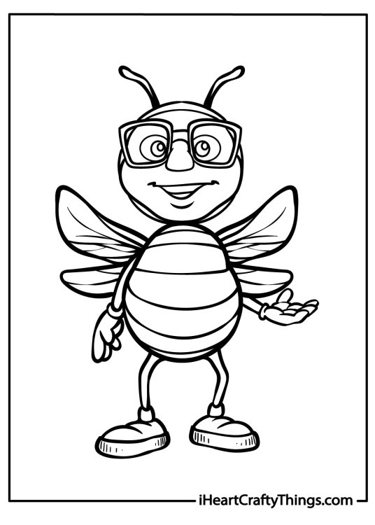 Coloring printable for kids of a cool-looking cartoony bee wearing rectangular glasses and shoes