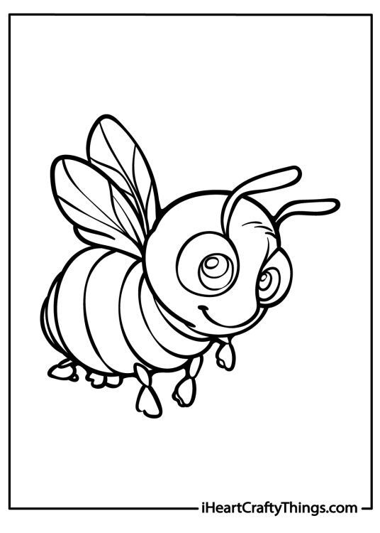 Bee-themed coloring page featuring busy-looking bee with six visible legs and clear background