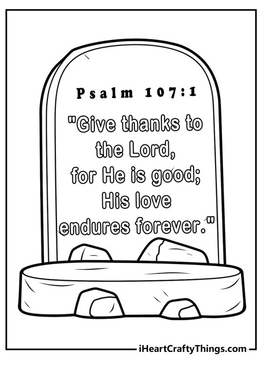 Printable coloring image depicting Bible Verse from Psalm 107-1 written on a monument