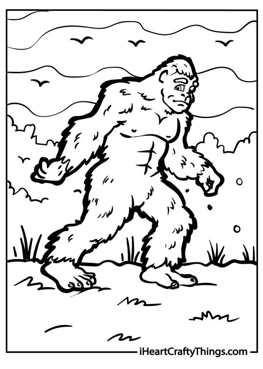 Printable coloring page presenting Bigfoot with shaggy fur and oversized feet walking through the jungle