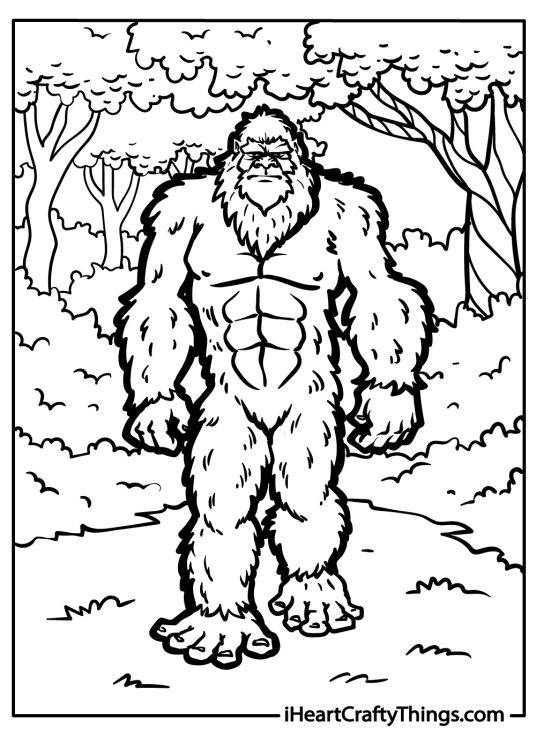 Coloring image of a Bigfoot with long fur big feet and confident expression walking in a forest