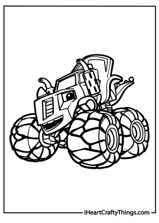 Detailed coloring image of a Blaze truck with a big body with a smiling face on the front