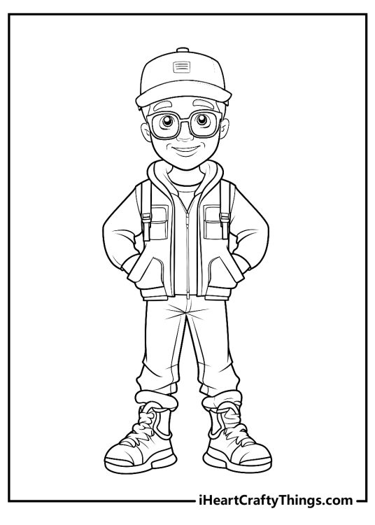 Coloring page presenting educational Blippi character with clear background behind him