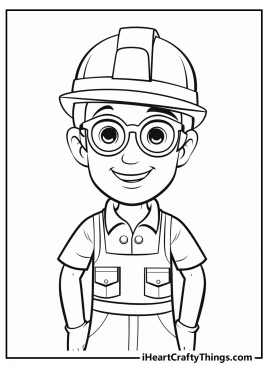Coloring image featuring a close up Blippi character dressed as a construction worker