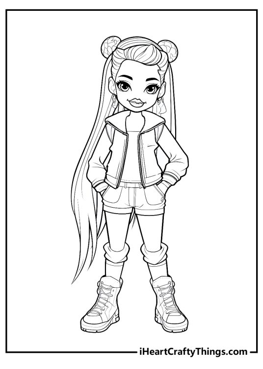 Detailed coloring image of an adorable Bratz doll with cute hair buns and chic outfit