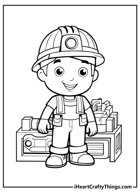Coloring drawing presenting Bob the Builder wearing his sturdy helmet overalls and work boots