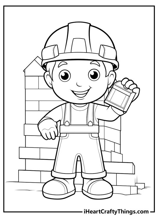 Detailed picture featuring happy-looking Bob the Builder standing in front of a wall made of bricks