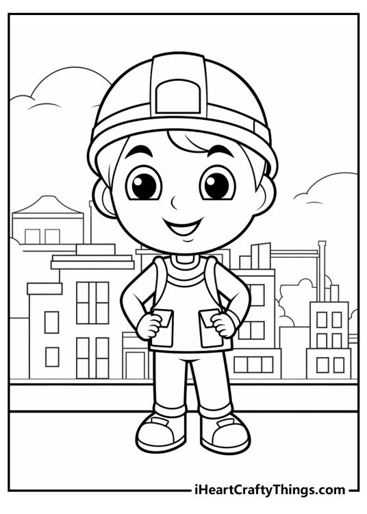 Coloring image presenting proud Bob the Builder with amazing cityscape in the background