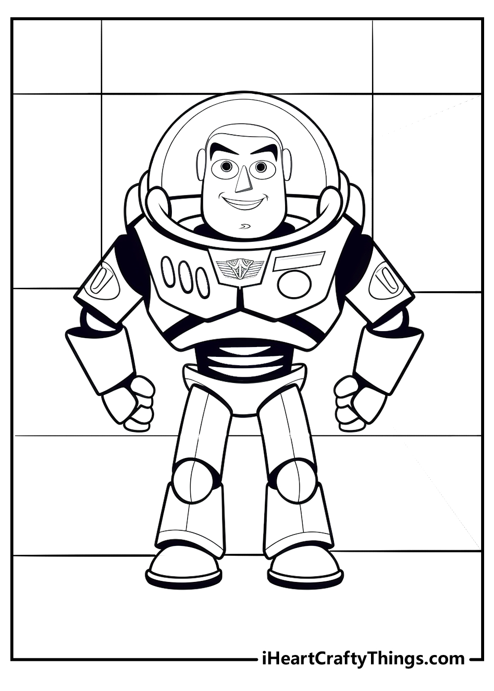 Free coloring printable featuring Buzz Lightyear suited up in his space suit ready for adventure