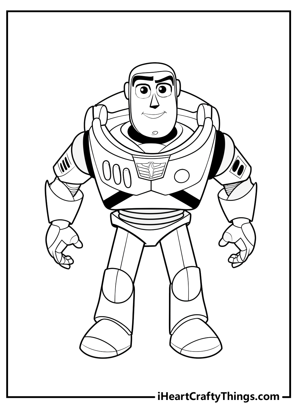 Detailed printable pdf of a Buzz Lightyer standing tall in his signature suit with a determined look on his face