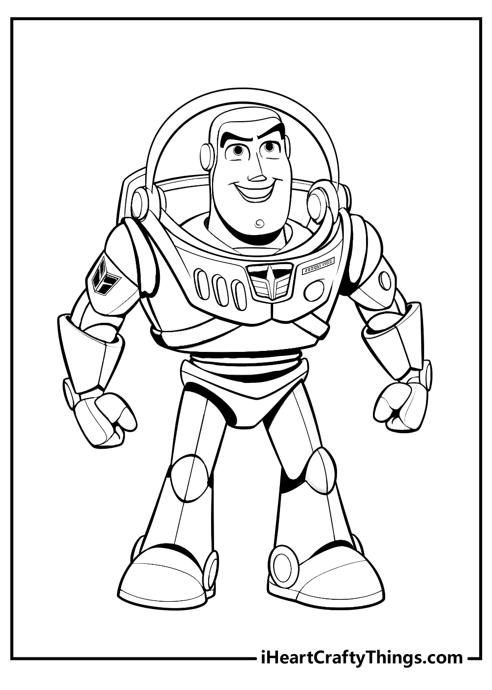 Detailed coloring poster of a galactic guardian Buzz Lightyer posing with arms spread widely