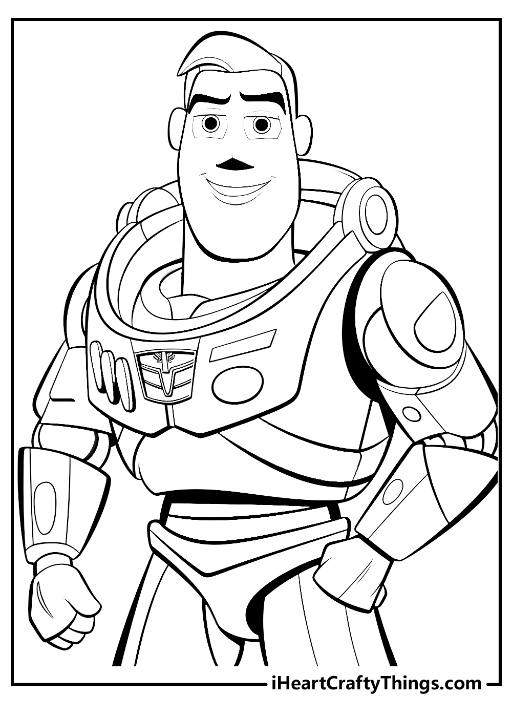 Detailed Buzz Lightyear cartoon coloring sheet featuring a close up drawing of Buzz in his space suit