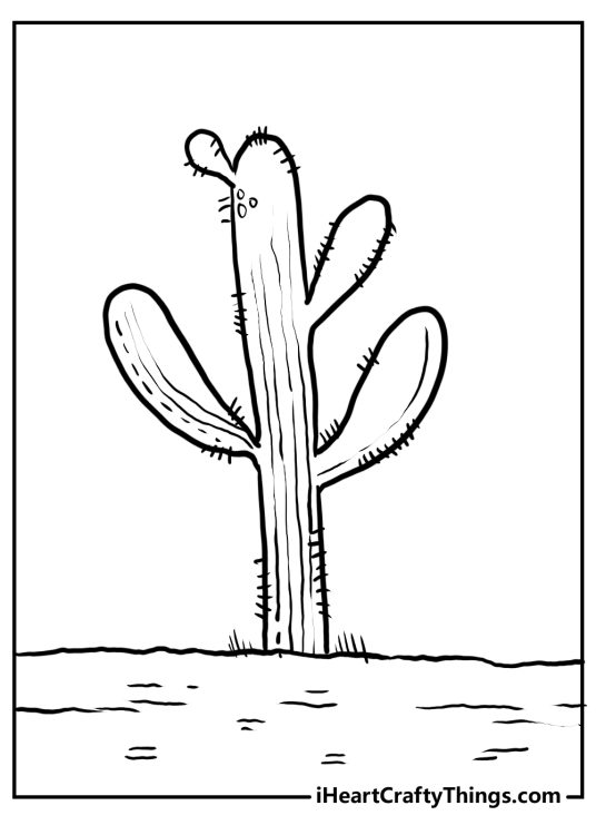 Cactus coloring page featuring elegant cactus with four arms stretched out in different directions