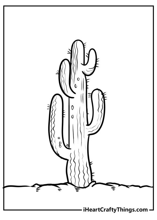 Printable page featuring large cactus plant standing tall and proud with four curved and pointed arms