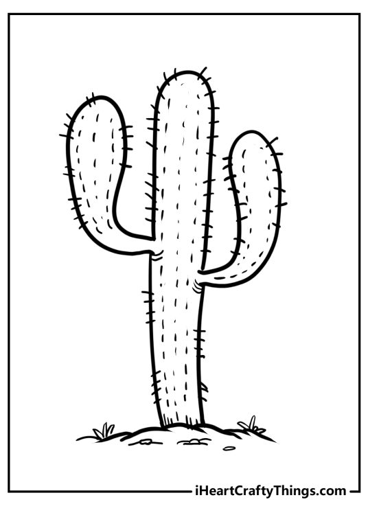Cactus-themed coloring poster presenting saguaro cactus with two arms that bend upwards