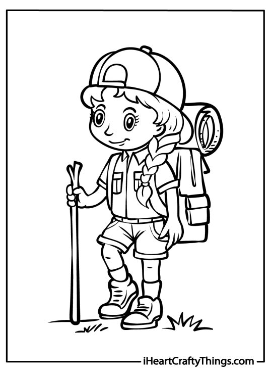 Camping-themed coloring sheet depicting young girl wearing hiking gear while walking in a grassy area