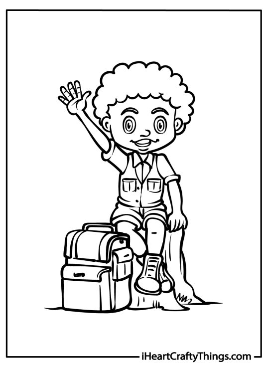 Camping coloring page of a young boy sitting happily on top of a tree stump and waving his hand