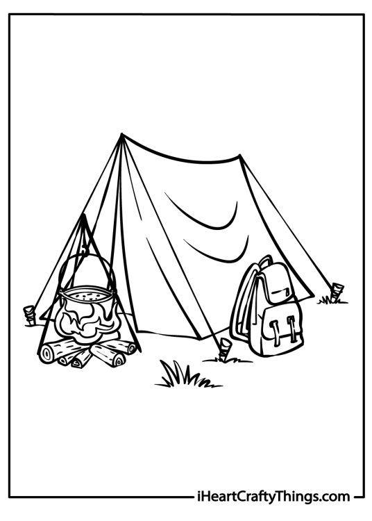 Picture of a cozy camping scene presenting large tent with campfire and a backpack next to it