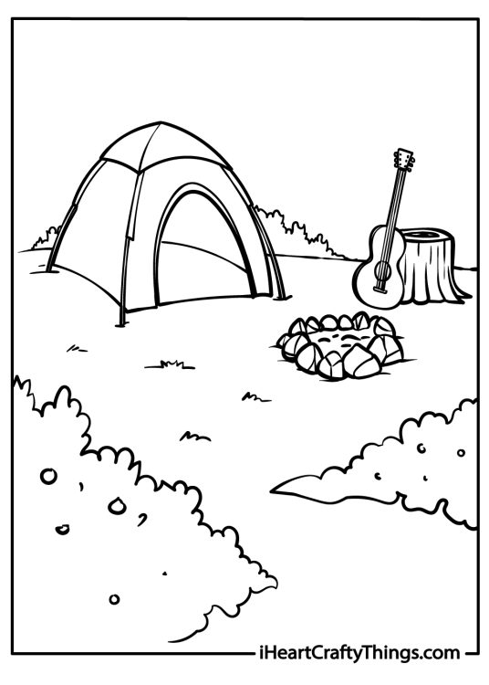 Coloring drawing featuring camping scenery with cozy tent and guitar left next to a crackling fire