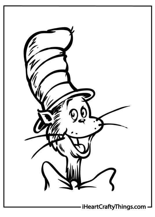 Free printable pdf featuring a close-up illustration of a surprised-looking Cat In The Hat